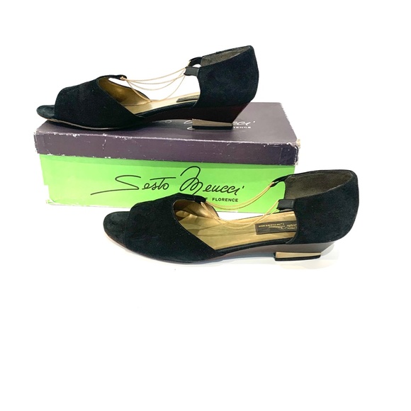 Sesto Meucci Vintage Black Suede Ballet Flats Gold Chain Gold Metal Heel D’orsay - Picture 4 of 15